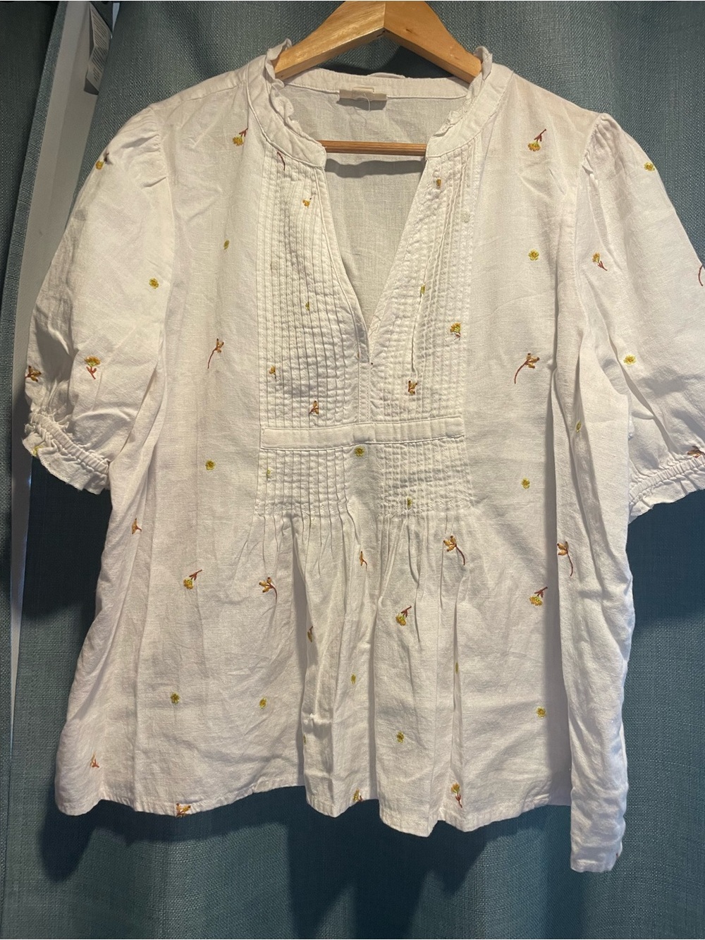 a.n.a White Pintuck Peasant Blouse with Yellow & Rust Embroidery